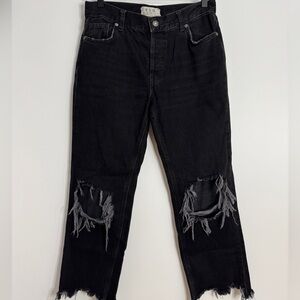 Free People Distressed Black Jeans Size 26– Y2K Grunge Ripped Straight Leg Denim